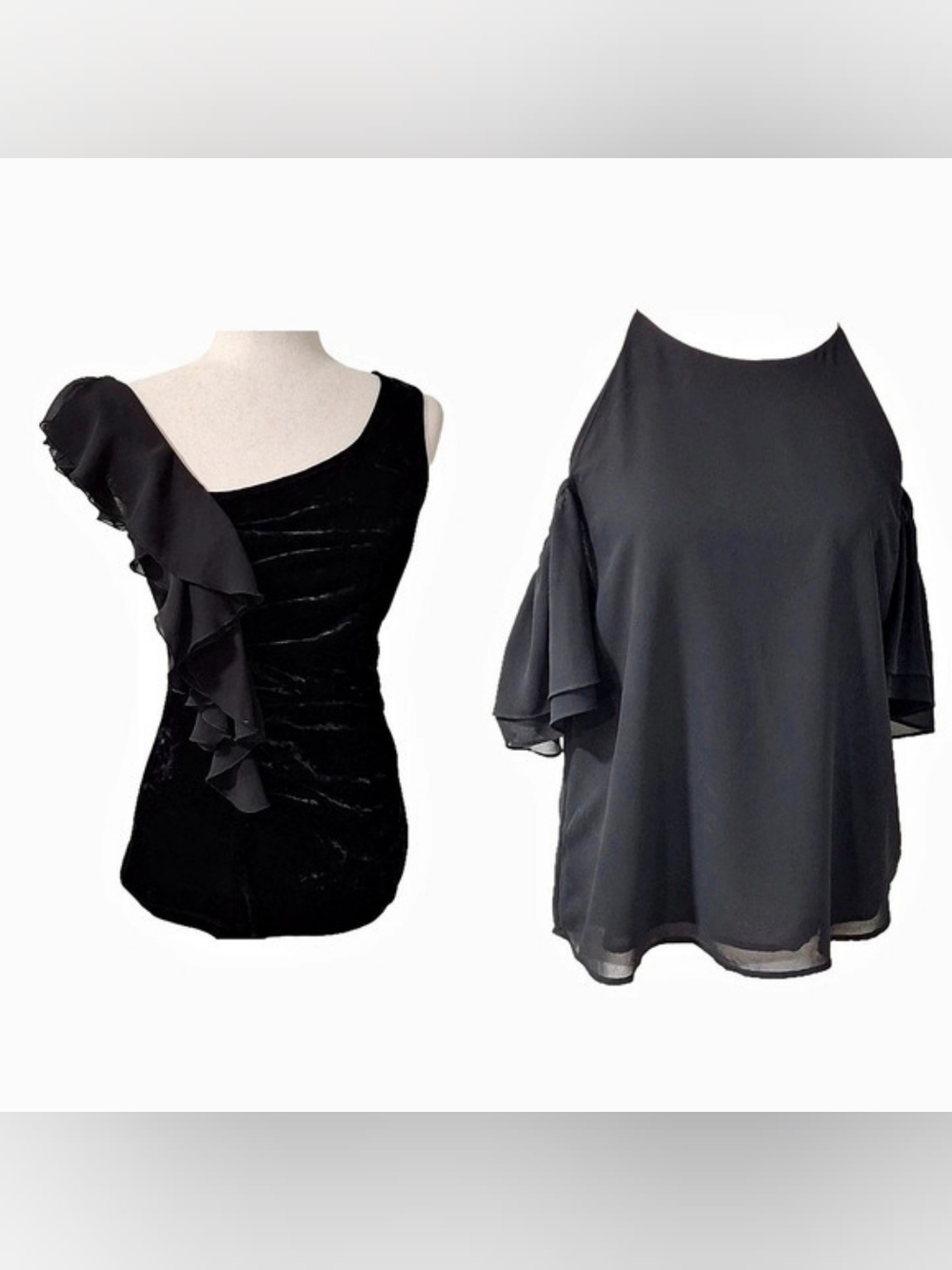 Lot of 2 Black Party Tops S BCX Crushed Velvet Ruffle & Cold Shoulder Blouse